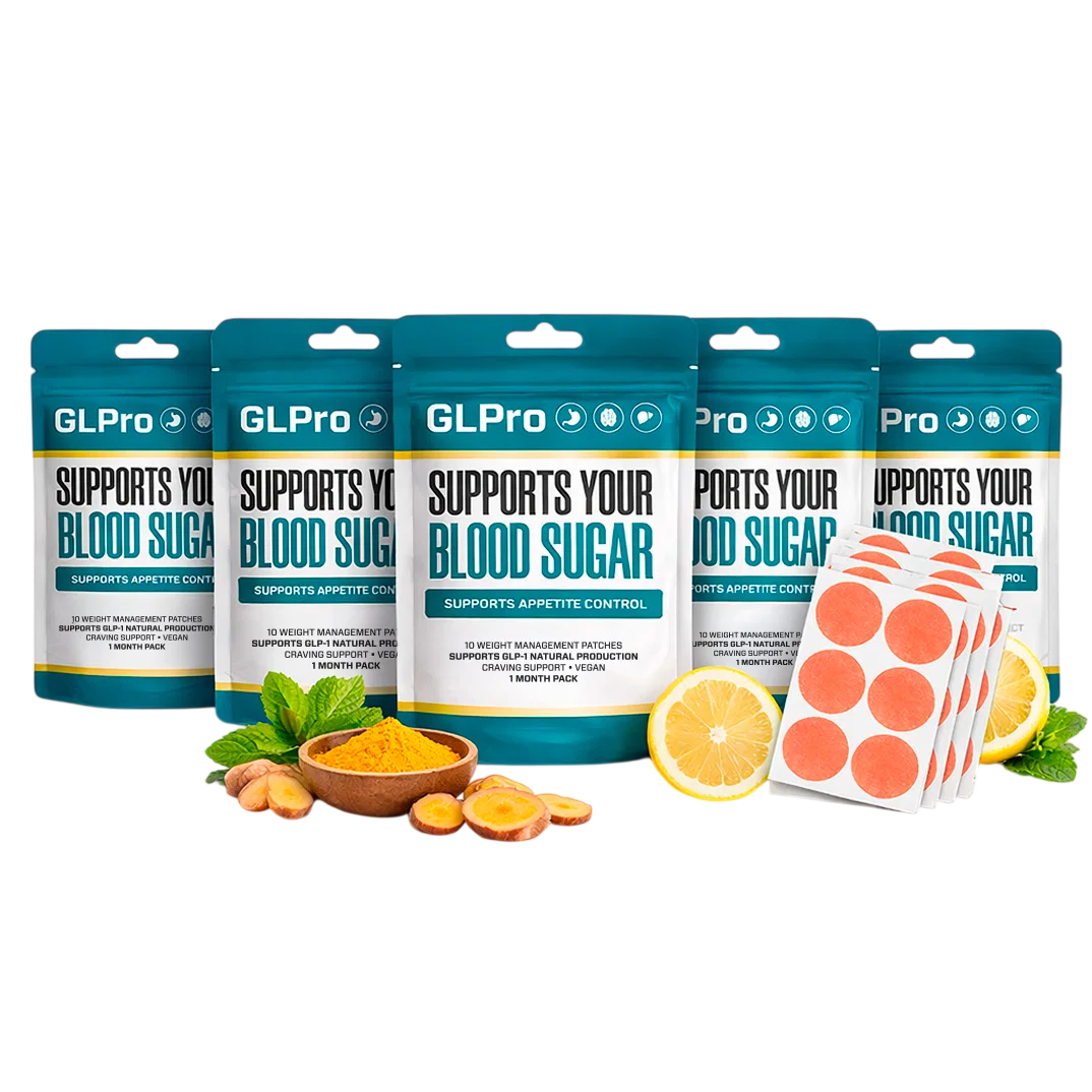 GLPro Patches pouches shown with wild yam, cinnamon, and ginger root